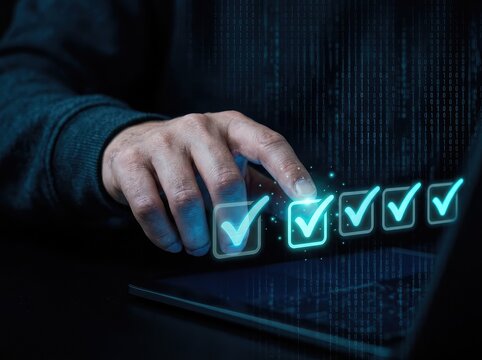 Hand selecting checkmarks on a digital tablet with binary code background