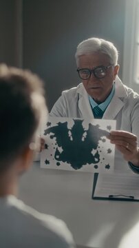 Vertical ots shot of senior Caucasian male psychiatrist showing Rorschach inkblot test to young adult male patient during psychological evaluation. Clip is perfect for mental health campaigns