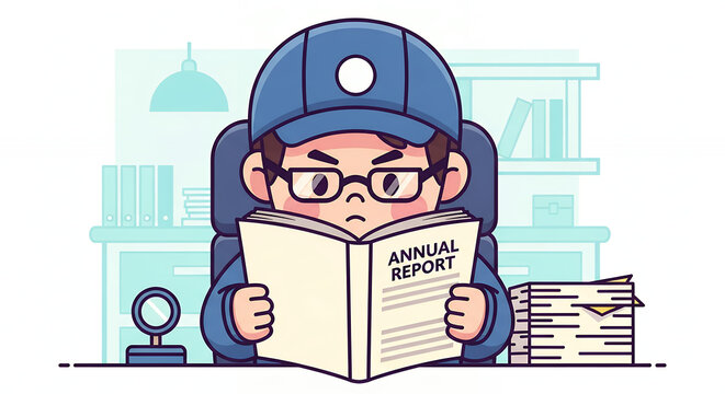 Man in glasses reading annual report with serious expression.
