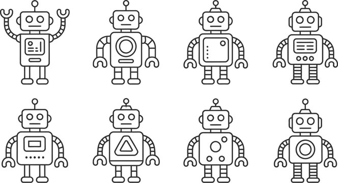 Robot, and android outline icon set, modern tech vector icons representing artificial intelligence machines and futuristic automation concepts.
