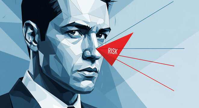 Man in Suit Focused on Risk Arrow Symbol.