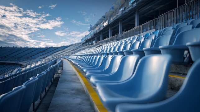 Rows of blue football stadium  chair seats sit empty and quiet. 