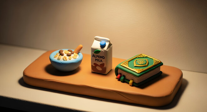 Miniature breakfast scene with cereal milk and book.