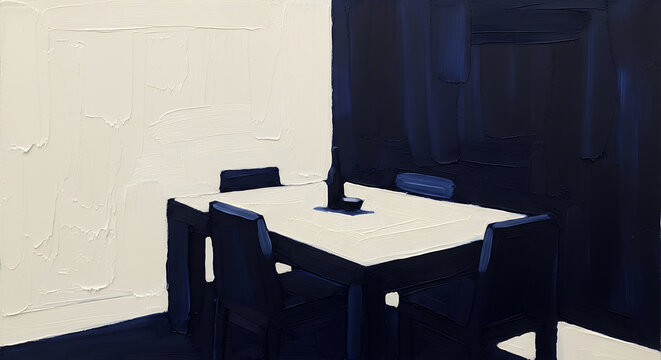 Minimalist Dining Table with Chairs and Bottle.