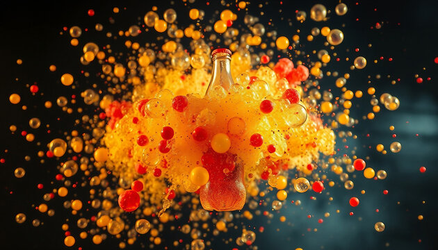 Bottle of juice explodes, sending bubbles flying in all directions