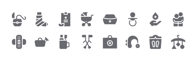 Fototapeta premium 16 solid Nursing icons for web, app and interface design featuring dental floss, bandage, broken leg, urinal, medical report. Filled vector collection