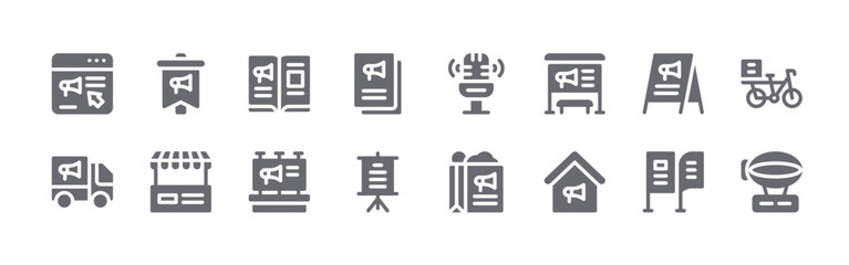 16 solid Advertisement icons for web, app and interface design featuring online advertising, truck, flag, stand, catalogue. Filled vector collection © Olivia