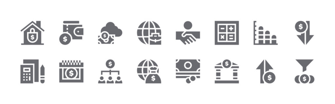 16 solid Economy icons for web, app and interface design featuring home insurance, budget, wallet, calendar, cloud banking. Filled vector collection