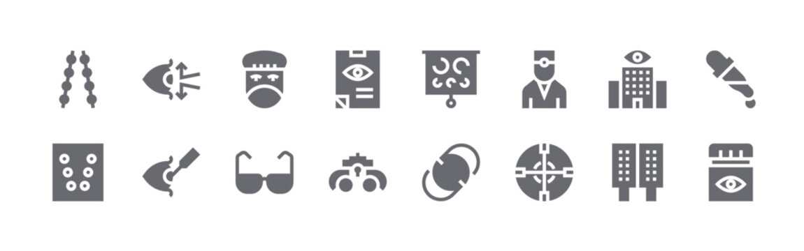 16 solid Optometrist icons for web, app and interface design featuring brock cord, divergence cards, blind, laser surgery, optometrist. Filled vector collection