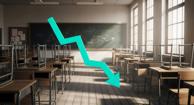 Green arrow pointing downward symbolizing economic downturn or education budget cuts