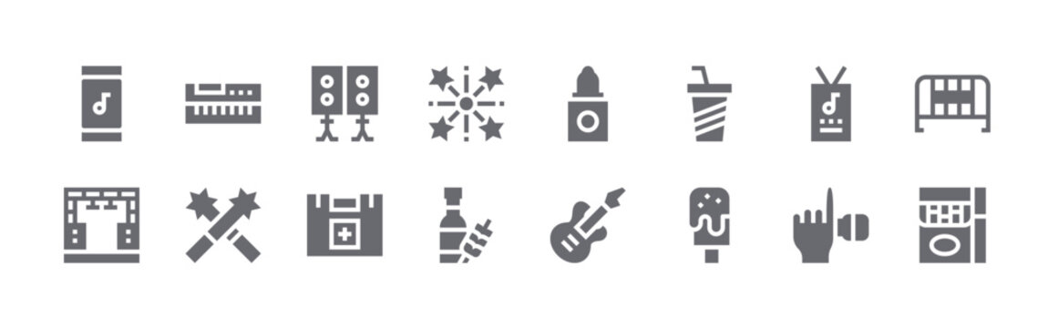 16 solid Music Festival icons for web, app and interface design featuring smartphone, stage, keyboard, light, speakers. Filled vector collection