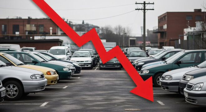 Parking lot full of many cars with a large red arrow pointing downward.