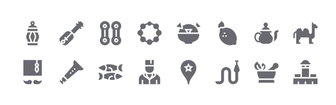 16 solid Morocco icons for web, app and interface design featuring lantern, tarbouche, guembri, rhaita, qarqaba. Filled vector collection