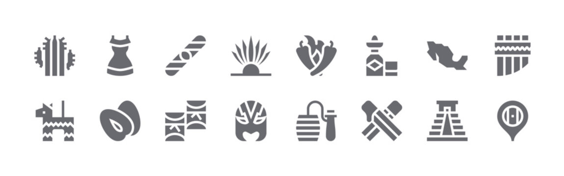 16 solid Mexico icons for web, app and interface design featuring cactus, pi?ata, dress, mammee, cigar. Filled vector collection