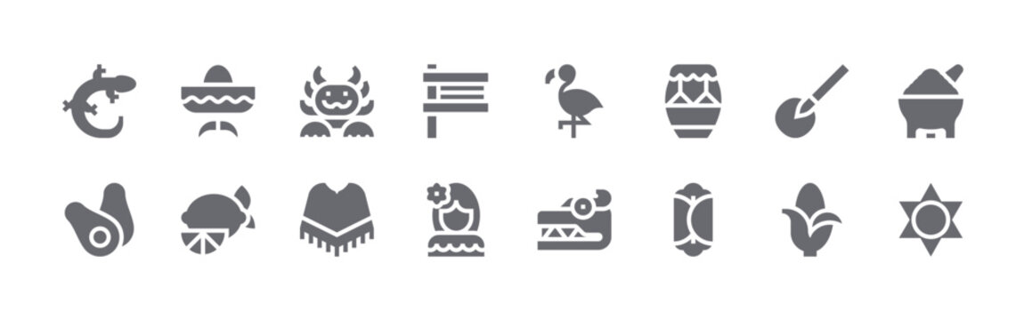 16 solid Mexico icons for web, app and interface design featuring gecko, avocado, mexican hat, lime, ajolote. Filled vector collection