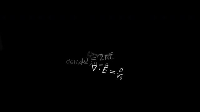 Animated complex math equations flying outward from the center past the camera on a black background