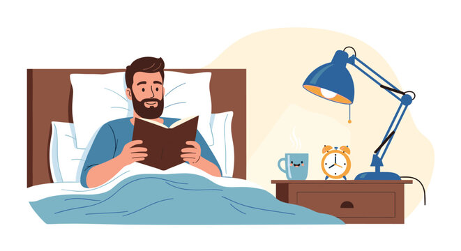 Man with a beard reading a book while lying in bed at night with a lamp and alarm clock on the wooden nightstand in the bedroom.