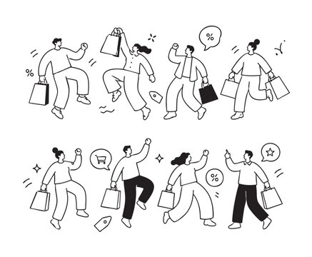 Set of happy shoppers and shopping characters in modern minimalist line art style. Collection features men and women carrying shopping bags, celebrating purchases, discounts, sales, and retail