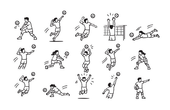 Volleyball players action poses set. Collection of volleyball athletes in different game situations including serving, spiking, blocking, receiving, digging, setting, defending and celebrating victory