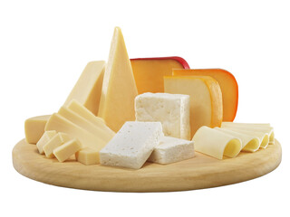 Fototapeta premium Assortment of sliced cheese varieties arranged on wooden board with knife minimalist still life isolated PNG on transparent background