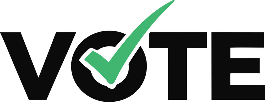 The word VOTE in bold black letters with a green checkmark replacing the letter O.