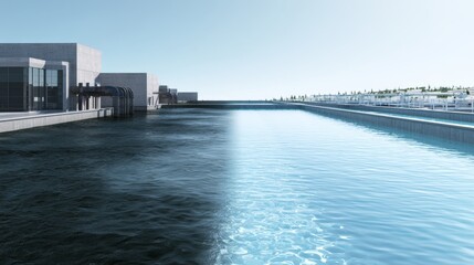 Obraz premium Water treatment facility shows before and after stages of filtration process with clear water on one side and raw water on the other side