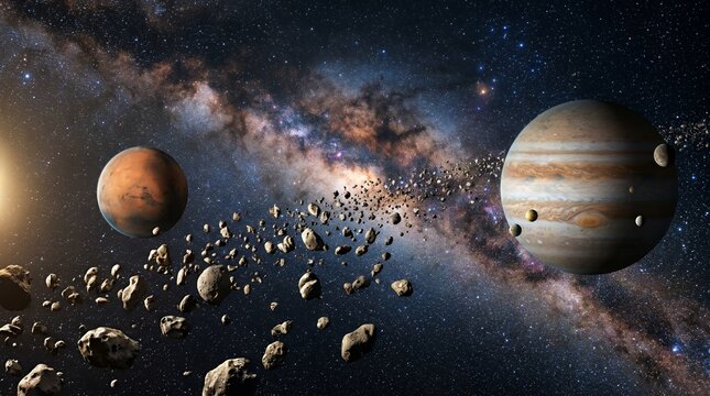 Jupiter and Mars with asteroid belt in deep space
