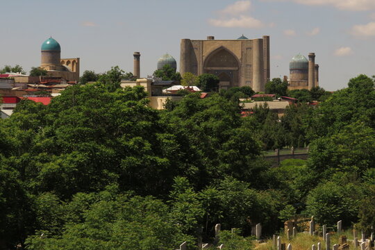Landscape of Samarkand from the Shah i Zinda Ensemble. View of the Bibi Khanum Mosque. World Heritage. Uzbekistan.