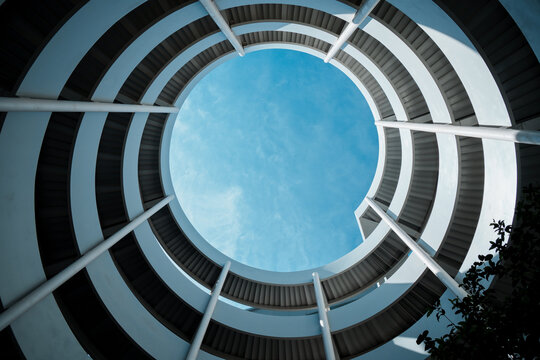 Abstract geometric architectural background with round roof and clear blue sky.In taichung , in Asia.