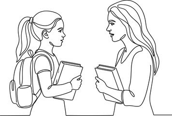 Fototapeta premium Continuous line art vector illustration of a mother or teacher talking to a schoolgirl holding books isolated on white background.