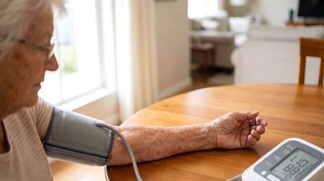 Elderly woman with glasses checks her blood pressure at home with a digital monitor on a wooden table.