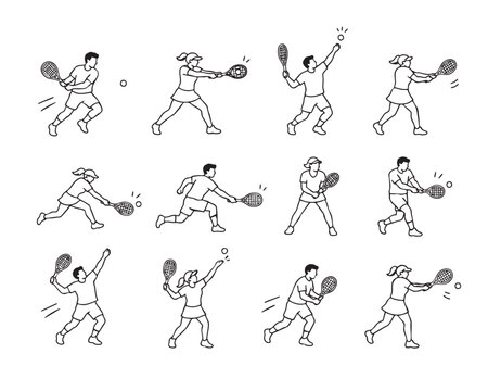Tennis players action poses set. Collection of tennis athletes in different game situations including forehand, backhand, serve, volley, return, ready position and running shots.