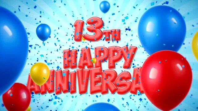 Festive 13th happy anniversary celebration with red balloons and blue confetti falling on a bright blue background.
