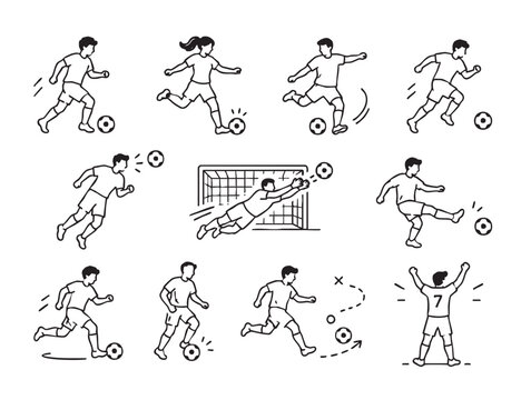 Soccer players action poses set. Minimalist black and white vector illustration collection featuring football players dribbling, running, kicking, scoring, goalkeeping and celebrating victory. Sports