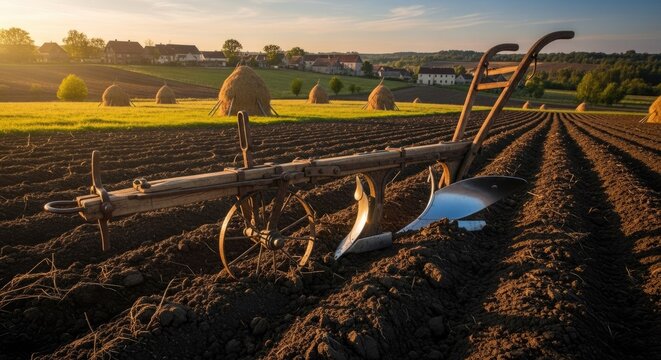 Antique wooden plow in furrowed field at sunset.