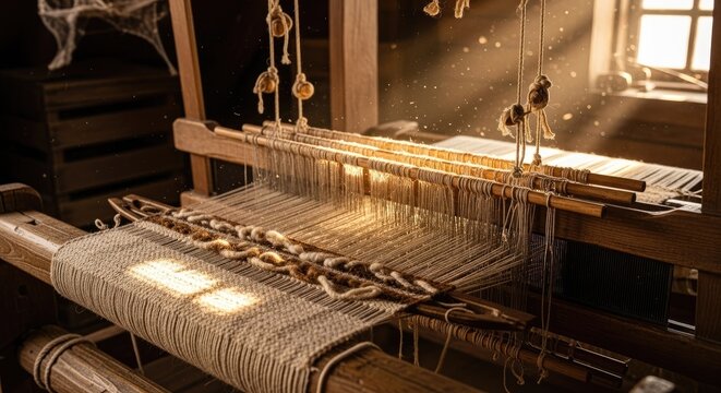 Antique wooden weaving loom with fabric and morning sunlight.