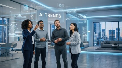 Fototapeta premium Four professionals discuss AI trends in a modern office with futuristic, transparent digital data displays.