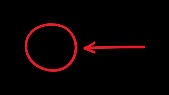 Red hand drawn round circle highlight 4k animation video. Loop drawing with a side arrow pointing left on a black background