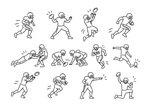 Set of American football players in action poses drawn in modern minimalist line art style. Collection includes running, passing, catching, tackling, kicking, celebrating, and scrimmage scenes.