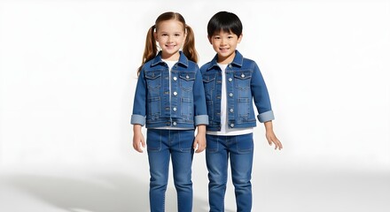 Fototapeta premium Diverse Happy Children Wearing Matching Denim Jackets on White