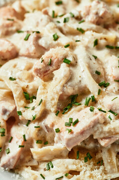 Salmon tagliatelle macro shot