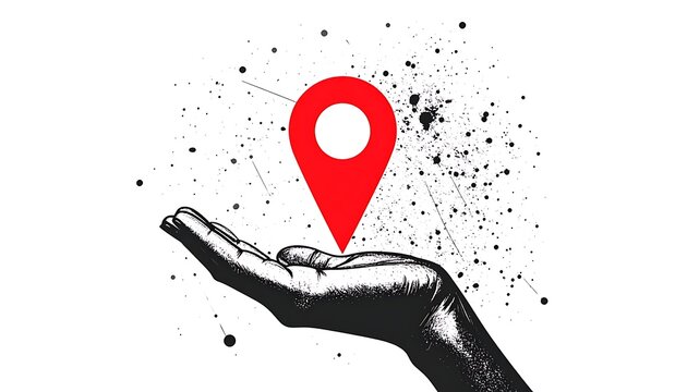 Hand holding red map location pin.
