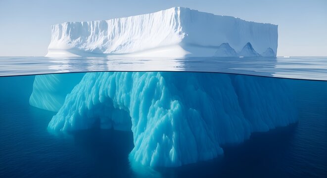 Massive tabular iceberg with extensive underwater portion visible in antarctic waters clear sky