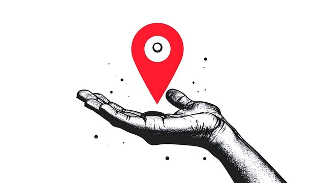 Hand holding red location pin icon.