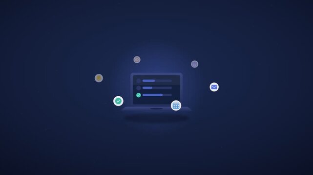 A video showcasing a laptop with cryptocurrency symbols floating around it