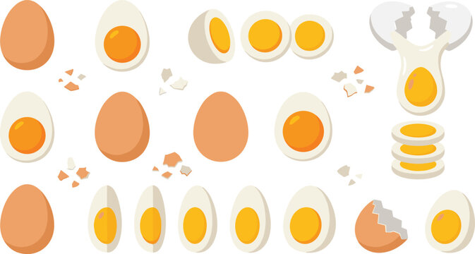 Boiled egg vector set featuring whole brown eggs halved slices cracked shells and raw yolk for breakfast food cooking and grocery graphic designs