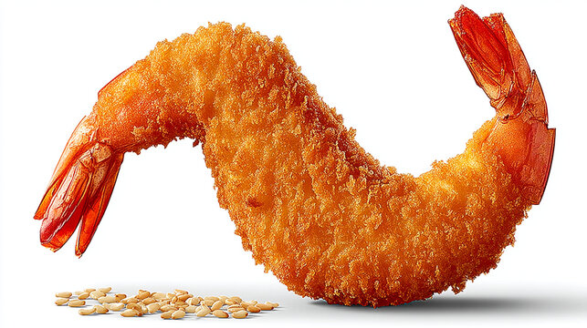Single crispy breaded jumbo fried shrimp isolated on white background with crumbs, appetizer