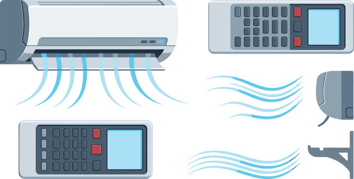 Air conditioner vector set featuring split system unit blowing cool wind remote controls side view profile and mounting bracket icons