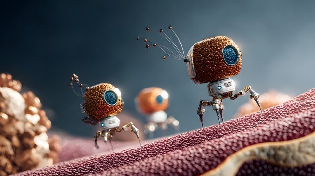 Nanorobot Microscopic view of futuristic robotic probes examining biological microorganisms. High-tech nanomedicine presentation banner with selective focus.