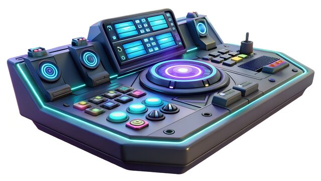A futuristic dj controller with colorful buttons and glowing blue lights isolated on white background for music production and entertainment parents day